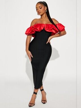 Fashion Nova Off-Shoulder Black Midi Dress with Red Ruffle